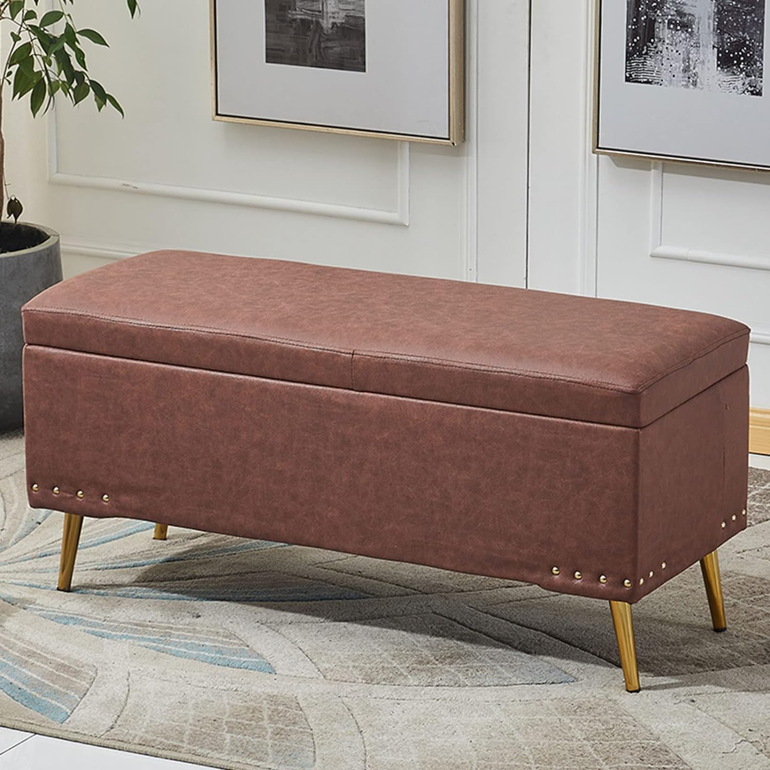 Banc ottoman rectangulaire en similicuir marron aux finitions soignées