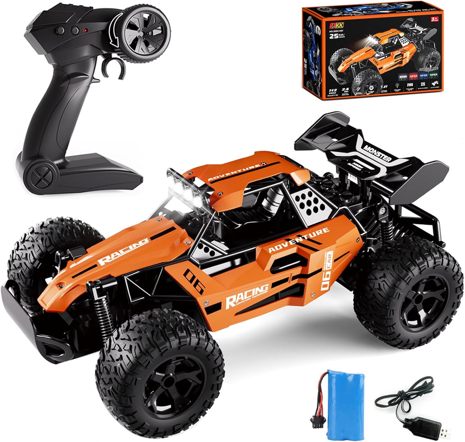 RC Monster Truck for Kids Ages 4–8, 1:12 Remote Control Car with Alloy Shell, 15.5 MPH (25KM/H) Fast Off Road Orange RC Car with 2 Speed Modes & LED Lights, 2.4GHz Easy Control Toy Gift for Boys