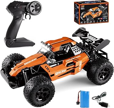 شاحنة RC Monster Truck للأطفال بعمر 48 عامًا، 112 سيارة تحكم عن بعد مع غلاف من السبائك، 15.5 ميلاً في الساعة 25 كم/ساعة سيارة RC برتقالية سريعة للطرق الوعرة مع وضعين للسرعة وأضواء LED، هدية لعبة سهلة التحكم بتردد 2.4 جيجا هرتز للأولاد