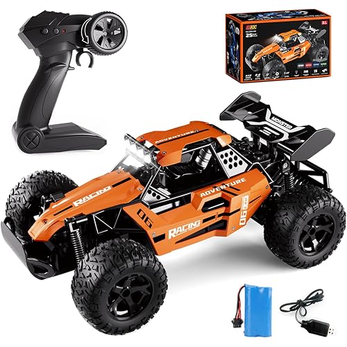RC Monster Truck for Kids Ages 4–8, 1:12 Remote Control Car with Alloy Shell, 15.5 MPH (25KM/H) Fast Off Road Orange RC Car with 2 Speed Modes & LED Lights, 2.4GHz Easy Control Toy Gift for Boys