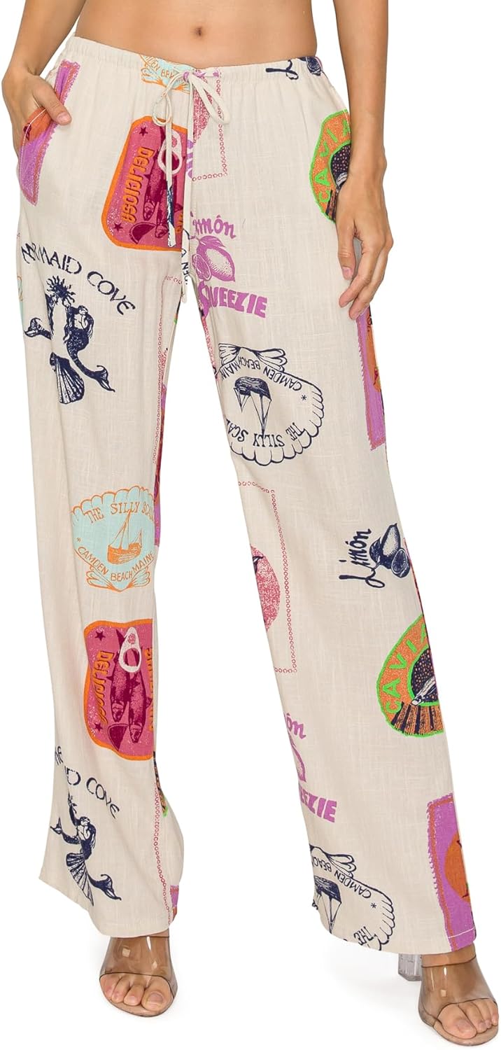 Cali1850 Women's Printed Linen Pants - 30" Inseam Drawstring Elastic Waist Casual Pull On Beach Lounge Trousers with Pockets