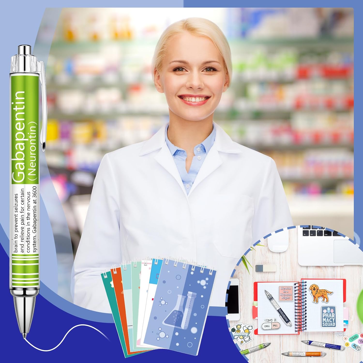 Sayglossy 24 Sets Pharmacist Gift Set Includes 24 Pcs Pharmacy Pens 24 Pcs Pharmacist Journal Notebook 1 Bag Cute Stickers for Nursing Week Pharmacy Technician School Student