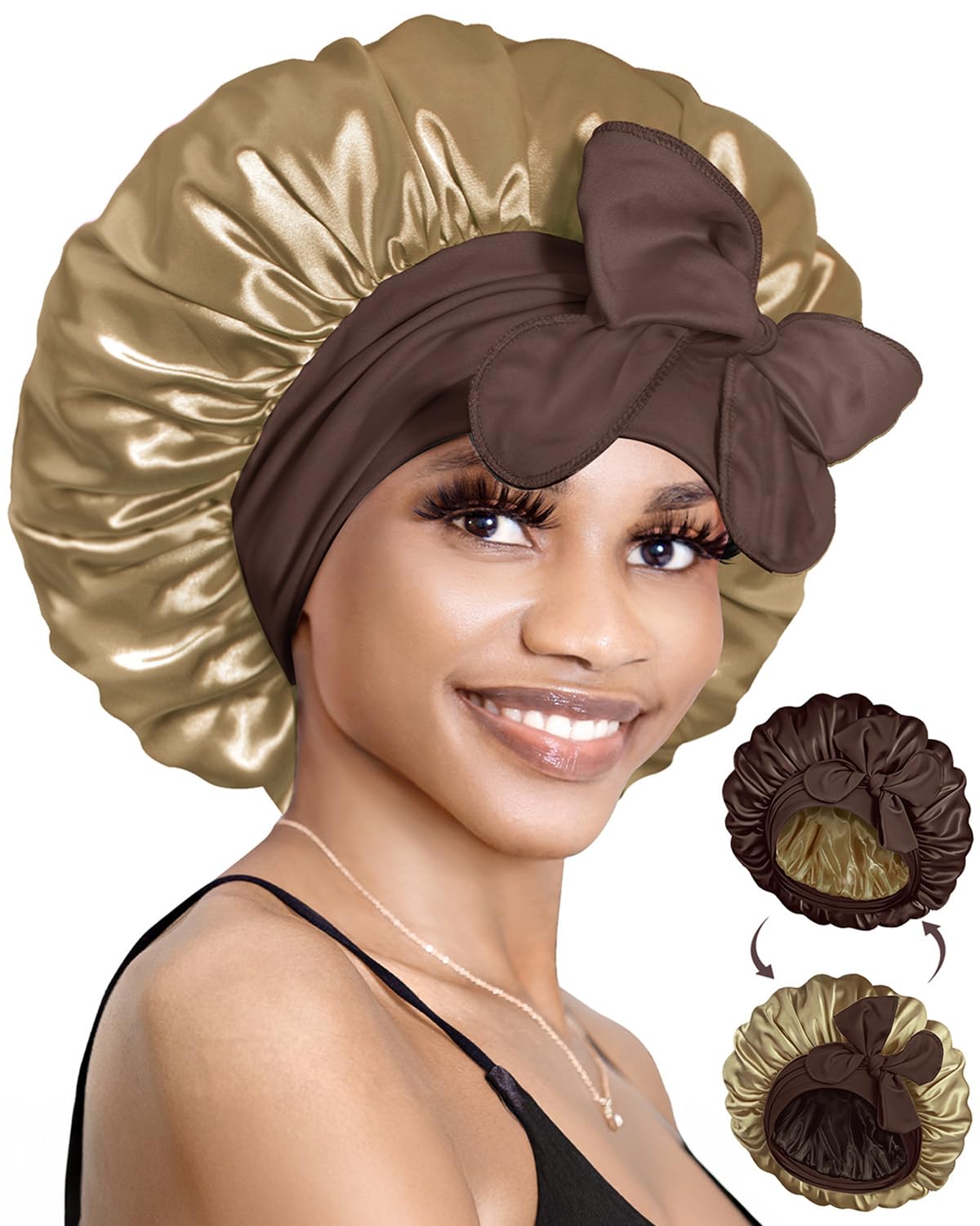 BONNET QUEEN Uyku için ipek kaput kadınlar saç kaput ters çevrilebilir çift katmanlı saten saç şal gece şapkası kahverengi sarı