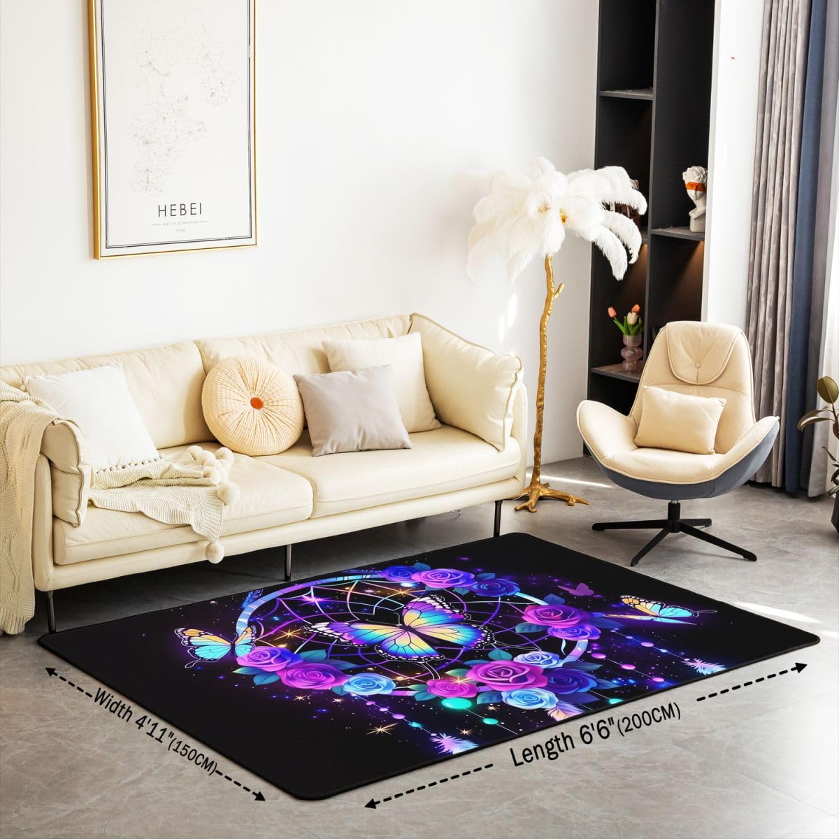 Homewish Traumfänger Rugs for Living Room 150x200 Lila Rosen Schmetterling Teppich Mystischer Traumfänger Schlafzimmer Teppiche Feder Blumen Galaxie Wohnzimmer Carpet Pflegeleicht