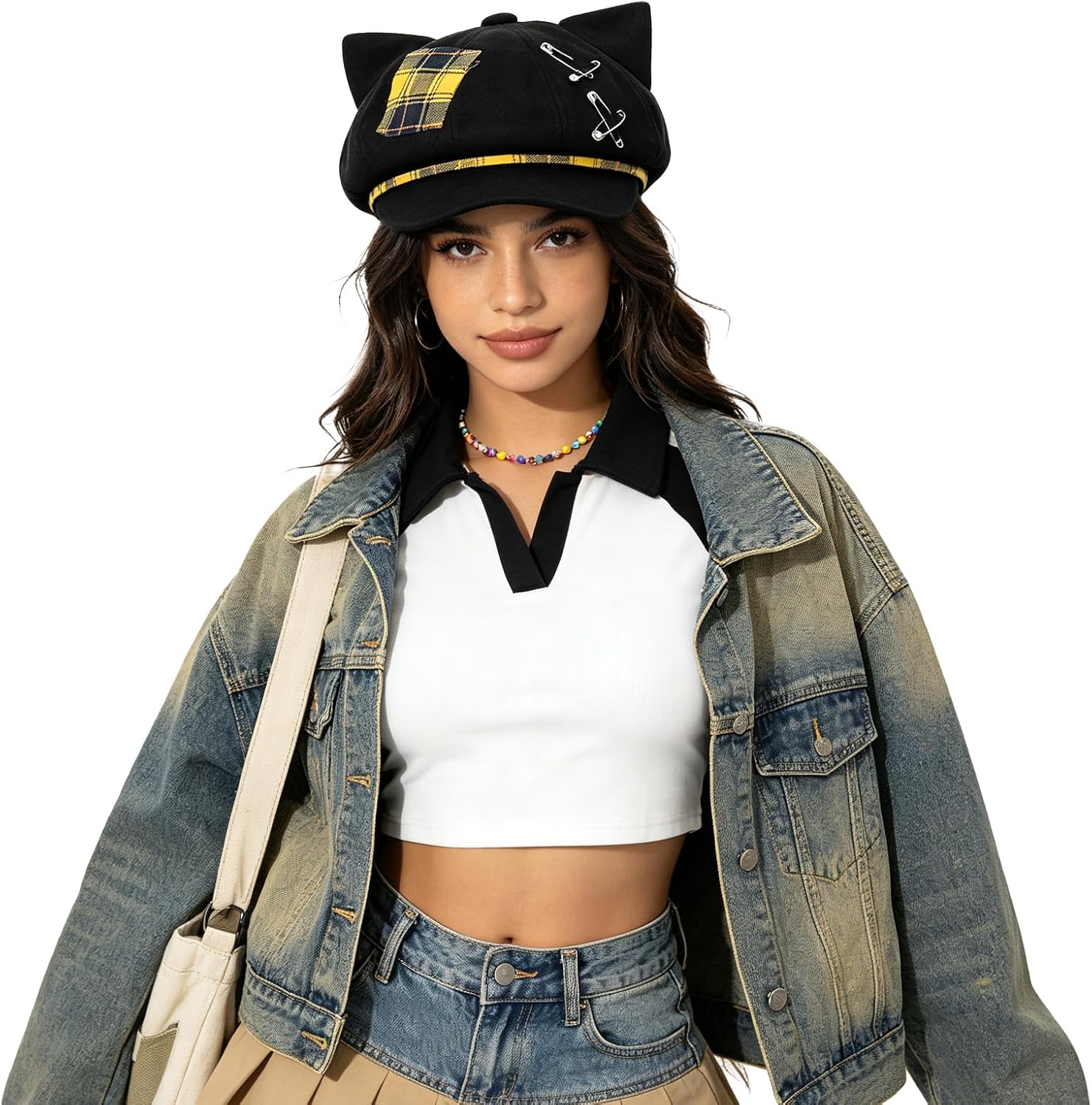 Women’s Vintage Black Cat Ear Beret Punk Plaid Octagonal Baker Hat | Cute Y2K Style Cat Ear Hat Pin-Top Cap for Cosplay Streetwear Festivals Daily use