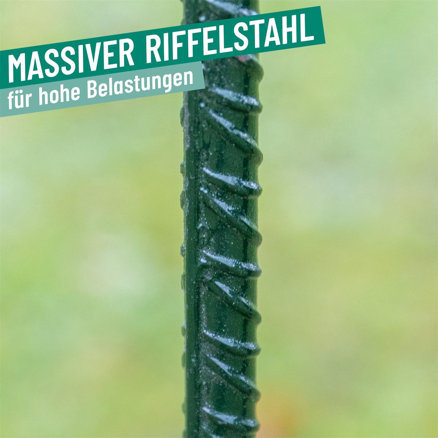 VOSS.farming 10x Laterneneisen, Pfahl mit UVV-Sicherheitsbügel, Halter für Absperrband, Ø12mm Riffelstahl, 145cm Länge, grün lackiert