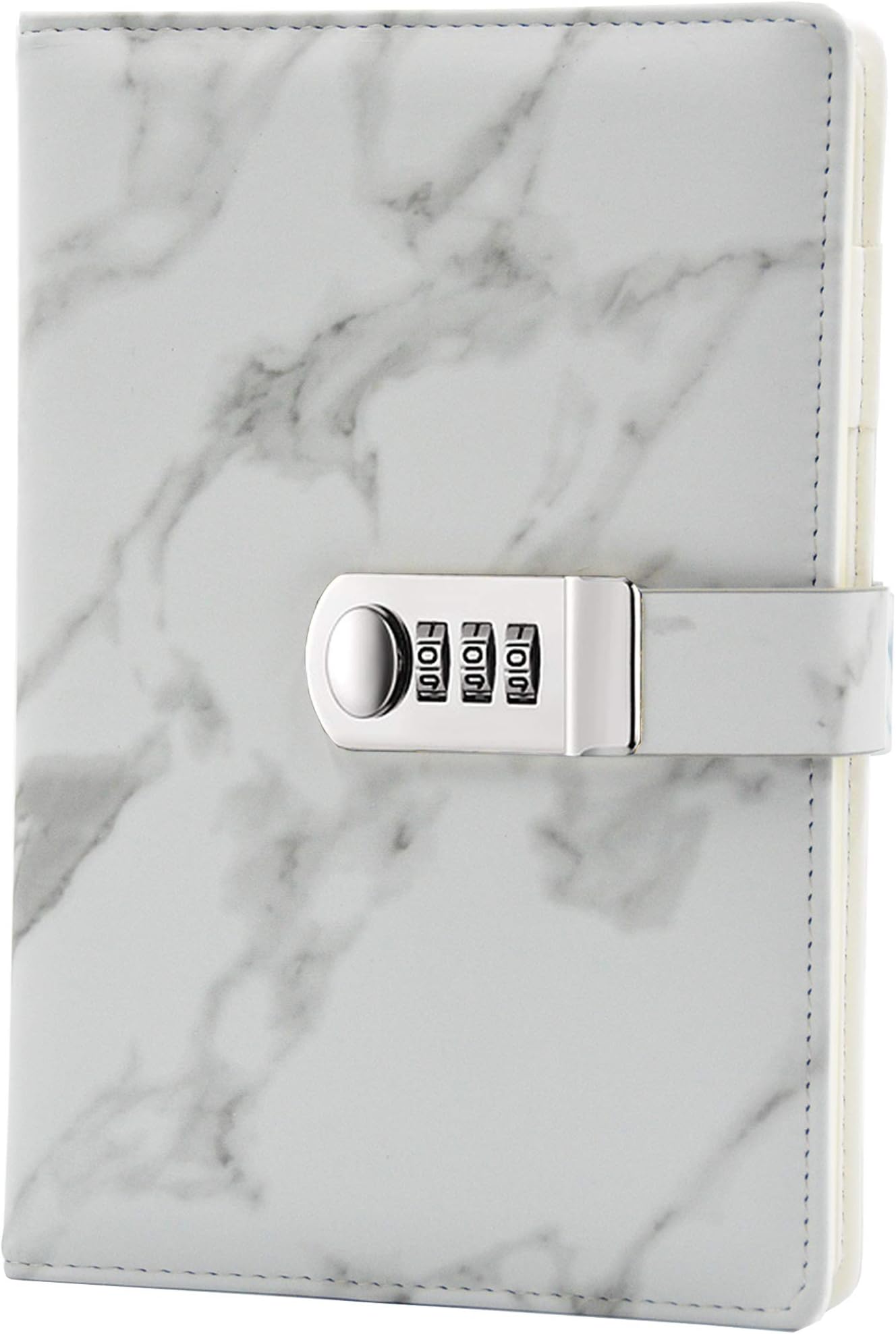 Lirener PU Leather Password Notebook(Marble pattern), A5 Size Wire Binding Fashion Daily Notebook Password Diary Sketchbook Planner Organizer with Combination Lock Pen Holder, 150x218mm