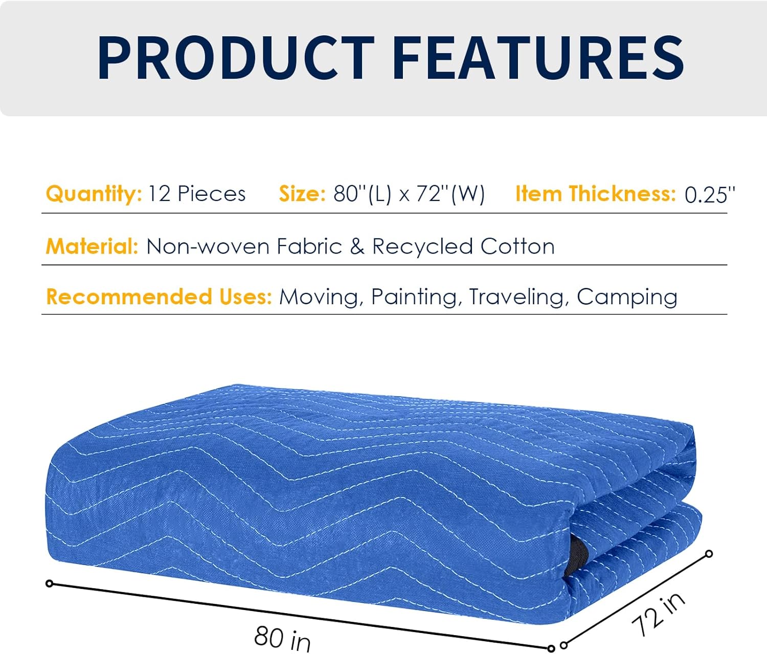 Moving Blankets 12 Packs, Extra Large 80"x72" Furniture Moving Pads, Reusable Packing Blankets, Professional Quilted Furniture Shipping & Storage Pads for Couch Desk Cabinet Appliances, Blue and Black