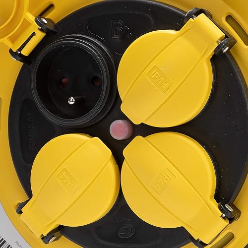 Stak REELPRO-FR-25 Professional Electric Reel Fixed Drum Water Proof IP44 Cable 25 m Rubber 3G 2.5 m for Construction Site DIY Garden 4 Sockets Steel Frame Yellow - 4
