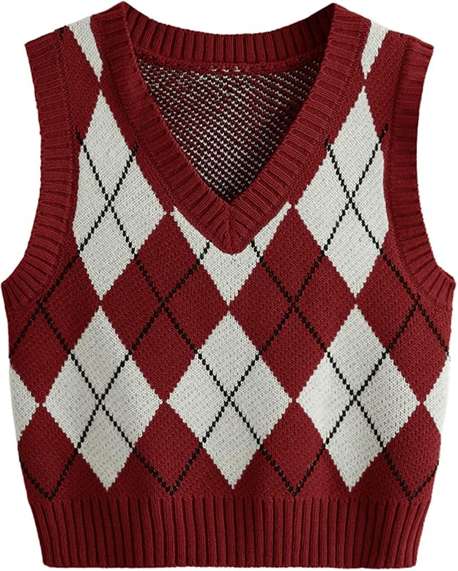 SweatyRocks Women's Plaid Geo Sleeveless V Neck Knit Crop Top Sweater Vest | Argyle Sweater Vest, Checkered Vest, Preppy Style, Fall Winter Outfits, Y2K Knitted Crop Tank Top