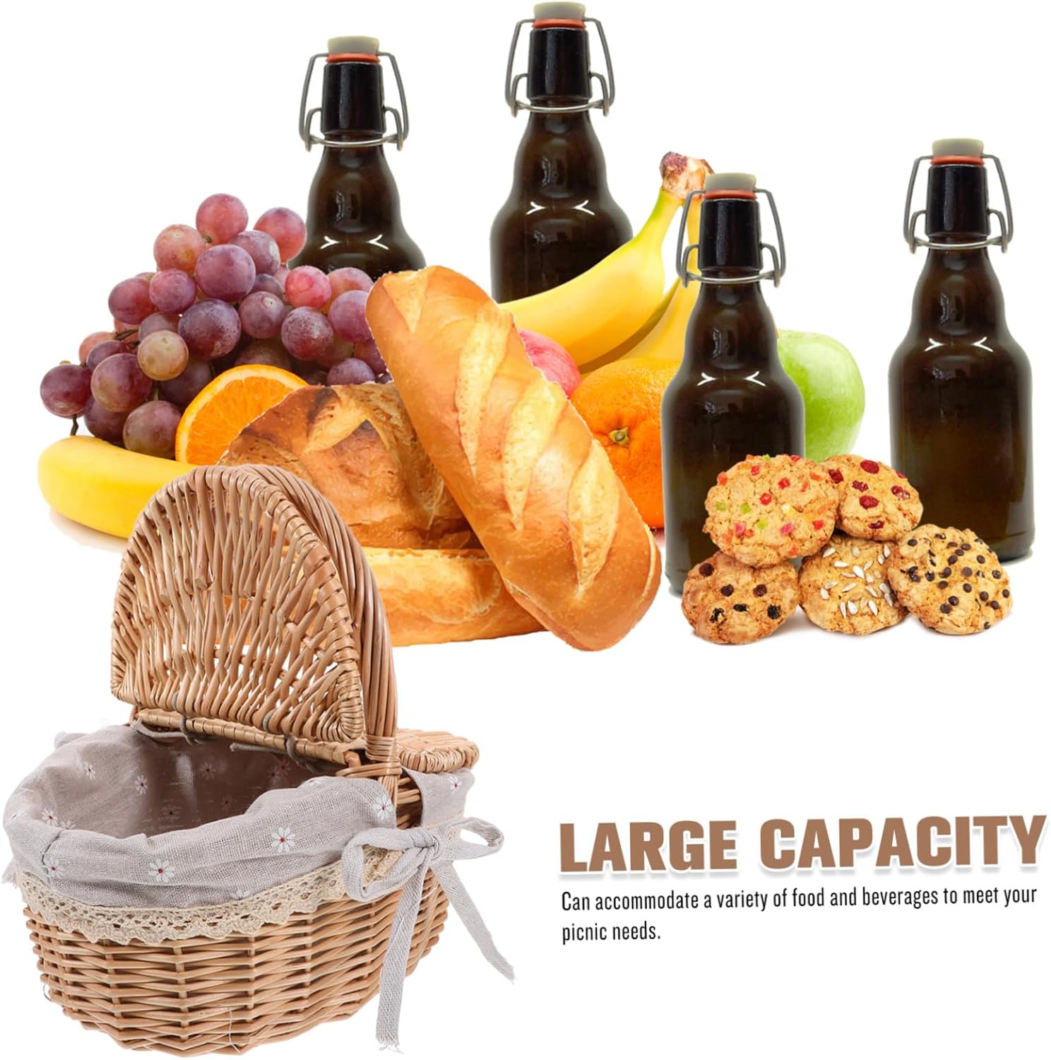 Handmade Woven Picnic Basket with Lid and Padded Cloth Lightweight Natural Wicker Storage Basket for Outdoor Garden Picnics and Home Organization Versatile Scalloped Style