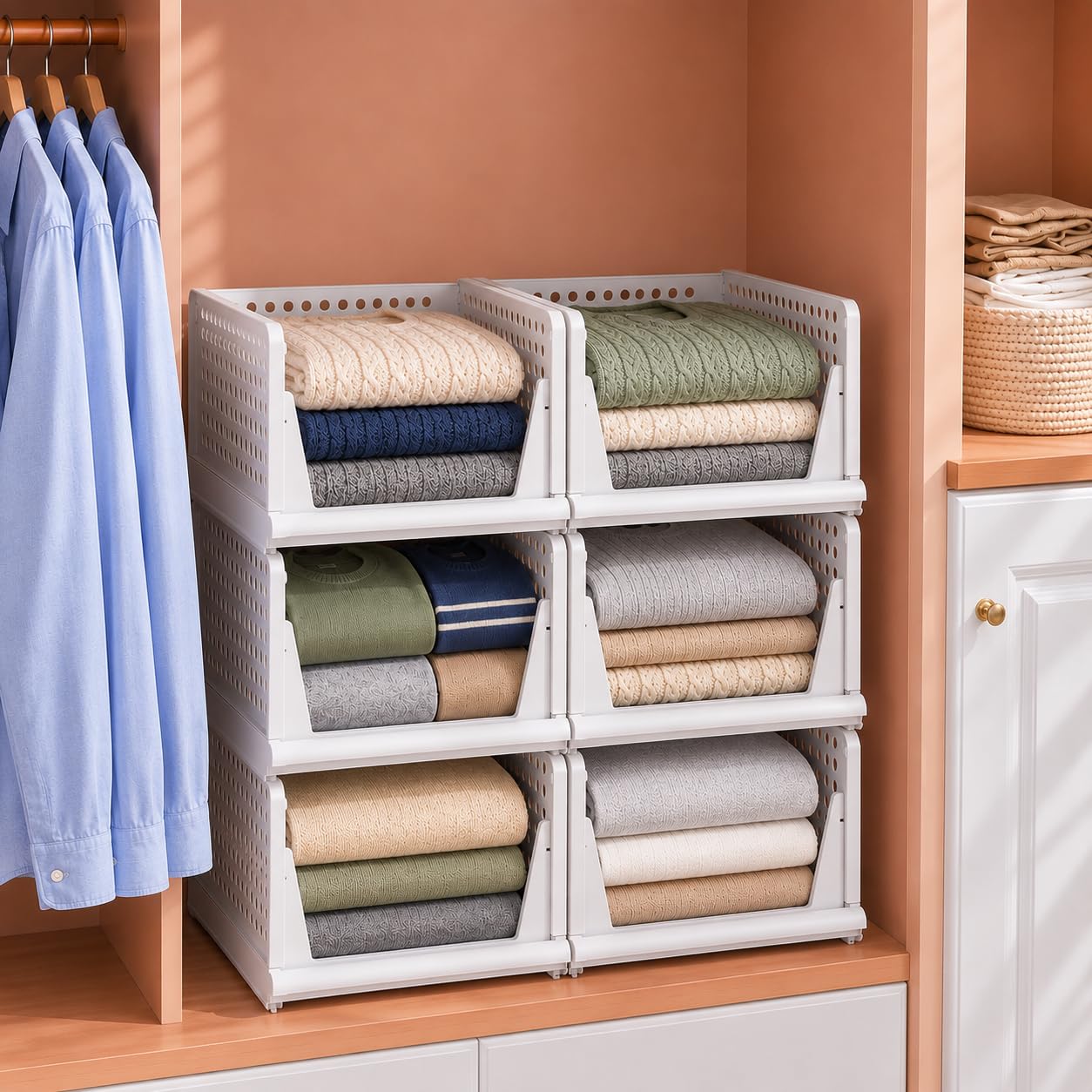 Wardrobe Organizer Set of 6 I Foldable & Stackable Clothes Storage Stacker for Shirts I Sweaters and Towels I Plastic Closet Organizer I White 44 × 33 × 19 cm Each-image-38