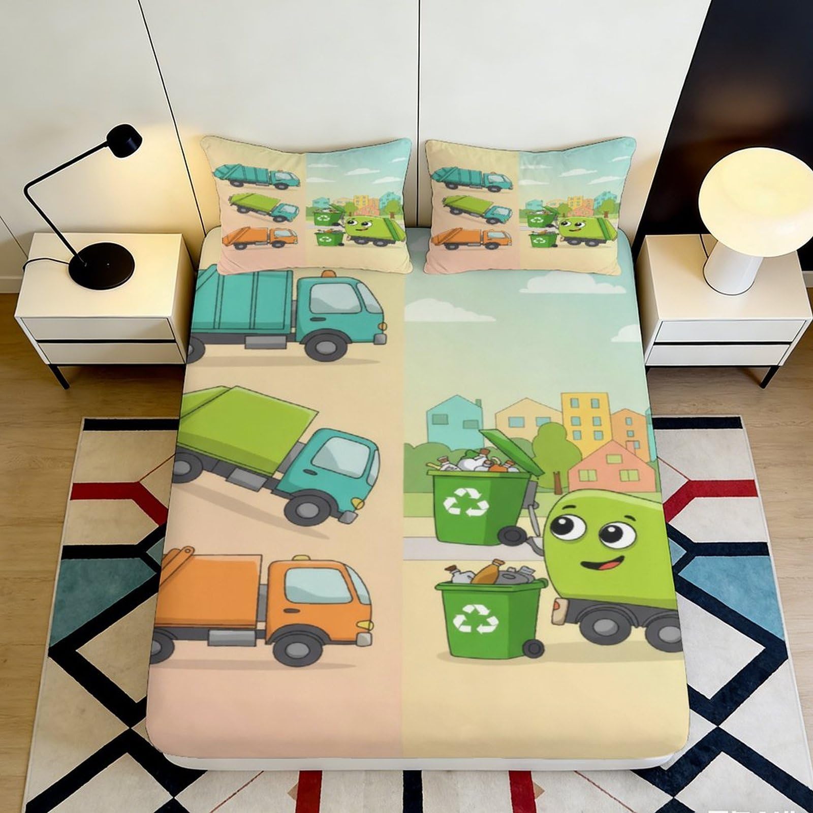 3D Printed Garbage Truck Cartoon Fitted Sheet Microfiber Fun Recycle Bin Mattress Cover Anti-Slip Machine Washable for Bedroom Guest Room 160x200x25cm