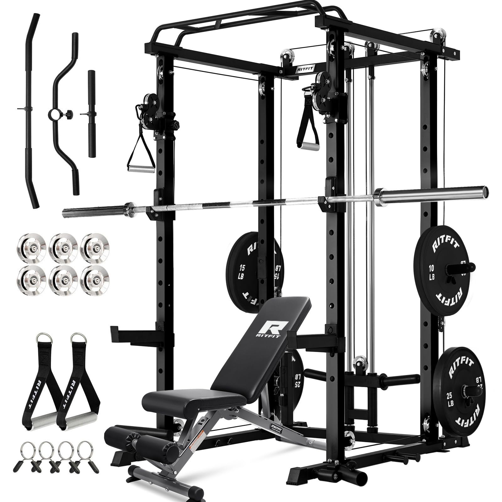 RitFit Multi-Function Garage &amp; Home Gym Package Includes 1200LBS Power Cage PPC03/P3 with Cable Crossover System, Weight Bench, Olympic Barbell Weight Set, Full Body Workout