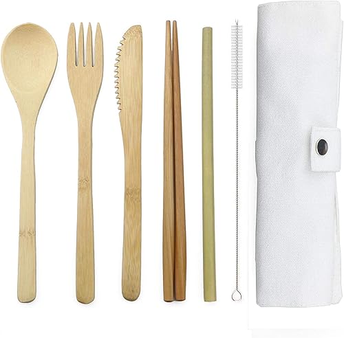 Juego de cubiertos de bambú JASHII 2 Set de cubiertos de madera ecológica, incluye tenedor de bambú, cuchara, cuchillo, palillos, pajita y cepillo