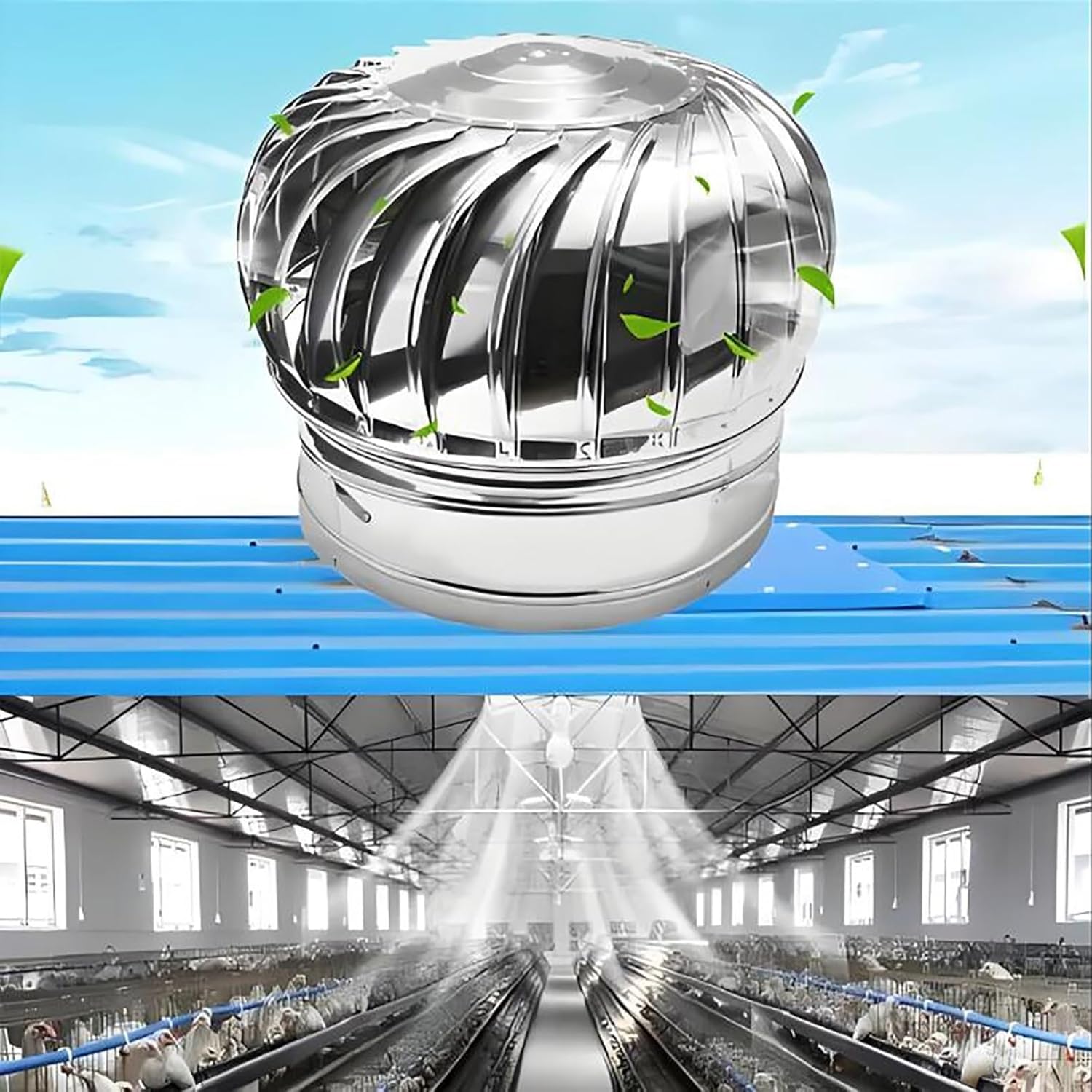 Rotating Roof Ventilator Cap, 304 Stainless Steel Chimney Turbine Vent, Attic Air Exhaust Fan for Heat Dissipation, Wind Driven Roof Vent (250mm/9.8in)