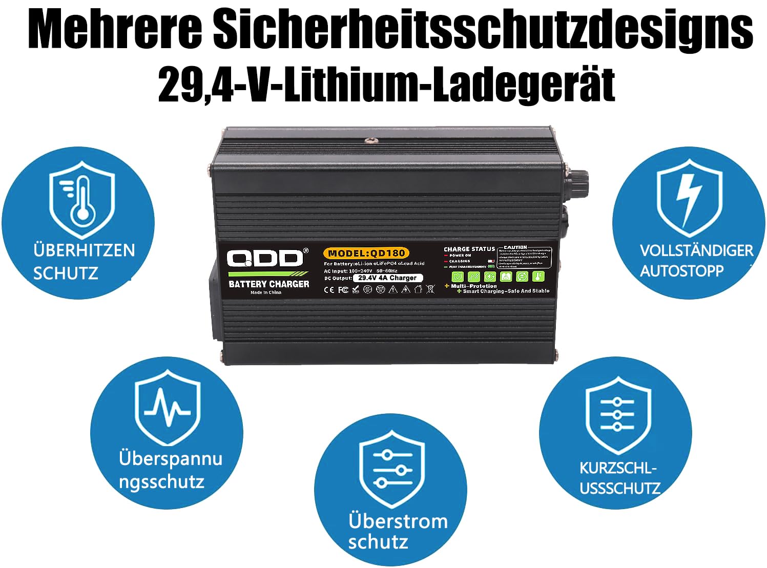 QDD 29,4 V 4 A Batterieladegerät für 7S 24 V 25,9 V Lithiumbatterie mit Kühllüfterausgang, 3-poliger XLR-Anschluss