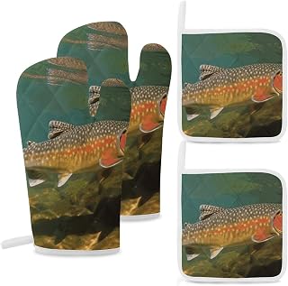 Brook Trout Fly Fishing Oven Mitts and Pan Racks 4-Piece Set Extended BBQ Gloves and Potholders Heat Resistant 400 °F Oven Mitts and Hot Pads with Non-Slip Surface for Cooking Baking