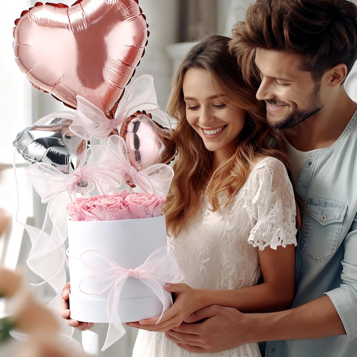 Suncalla Pink Mother's Day 7 Preserved Rose in Box Gift for Her with Heart Ballon Forever Flower Box Set Last 1-3 Years with Heart Shaped Balloon for Women Loved One Mother's Gift Need Assembly