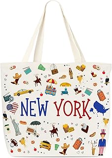 New York Canvas Tote Bag, NYC Icon And Food Themed Reusable Shoulder Shopping Bag, City Vintage Tote Bag, New York Souvenirs Gifts For Women Friends Family (01)