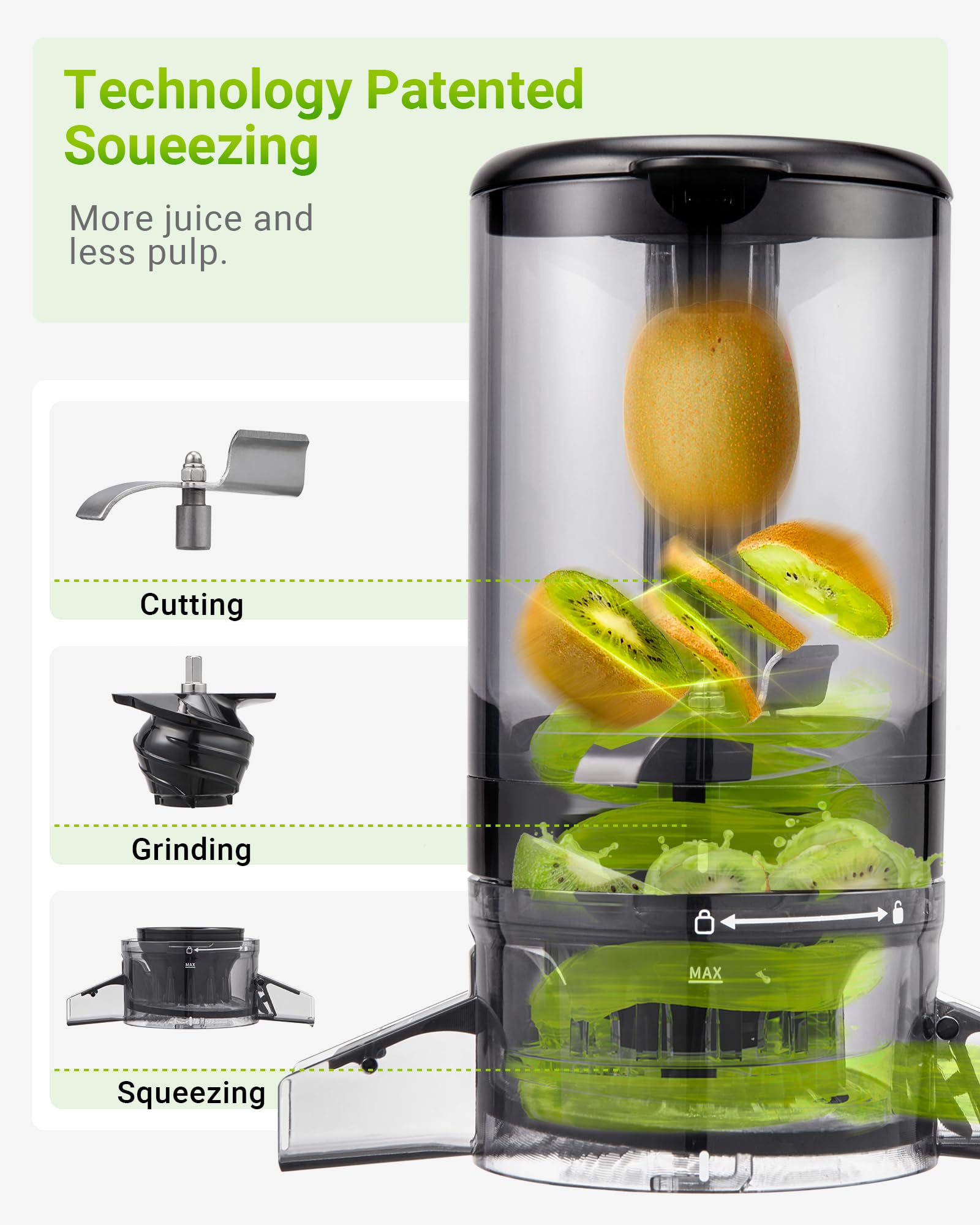 TUUMIIST Slow Juicer Entsafter mit Extra Großem Einfüllschacht 120mm, Saftpresse BPA-Frei Glanzschwarz