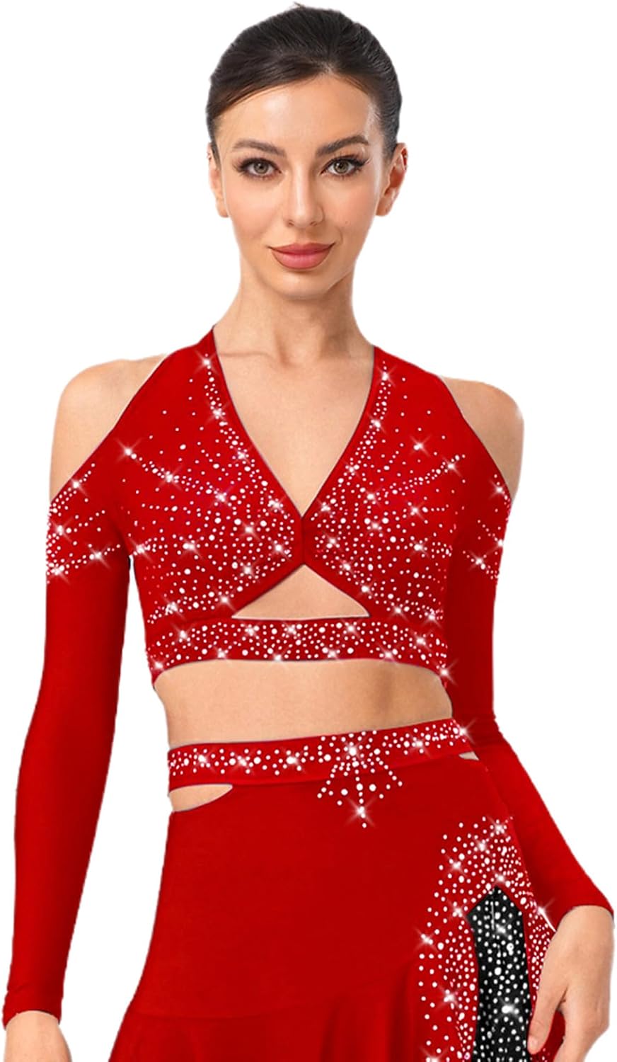 TiaoBug Women's Shinny Rhinestone Long Sleeve V-Neck Latin Jazz Ballet Dance Crop Top Backless T-Shirt