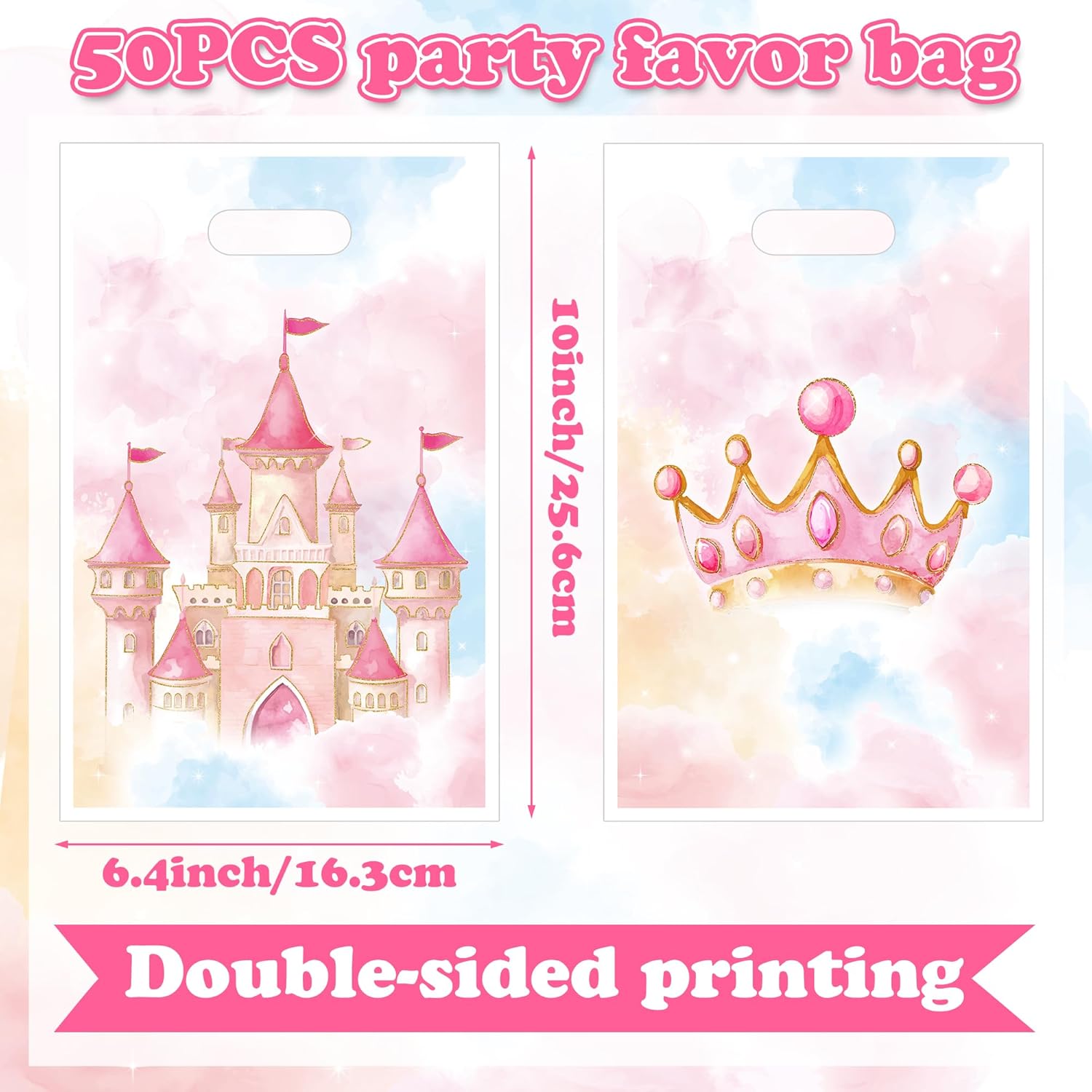 K1tpde 50PCS Watercolor Princess Party Favor Bags, Pink Princess Castle Theme Plastic Goodie Gift Bags Bulk with Handle for Girl, Watercolor Pastel Castle Fairytale Party Decorations Birthday Supplies - Image 2