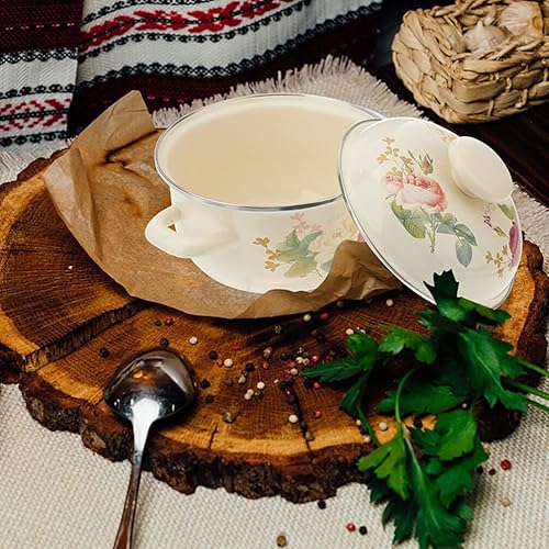 Miniatura 5 de Kichvoe Olla pequeña con tapa, olla esmaltada, olla vintage a fuego lento, olla esmaltada, olla de cocina con asa y tapa para cocinas de inducción,