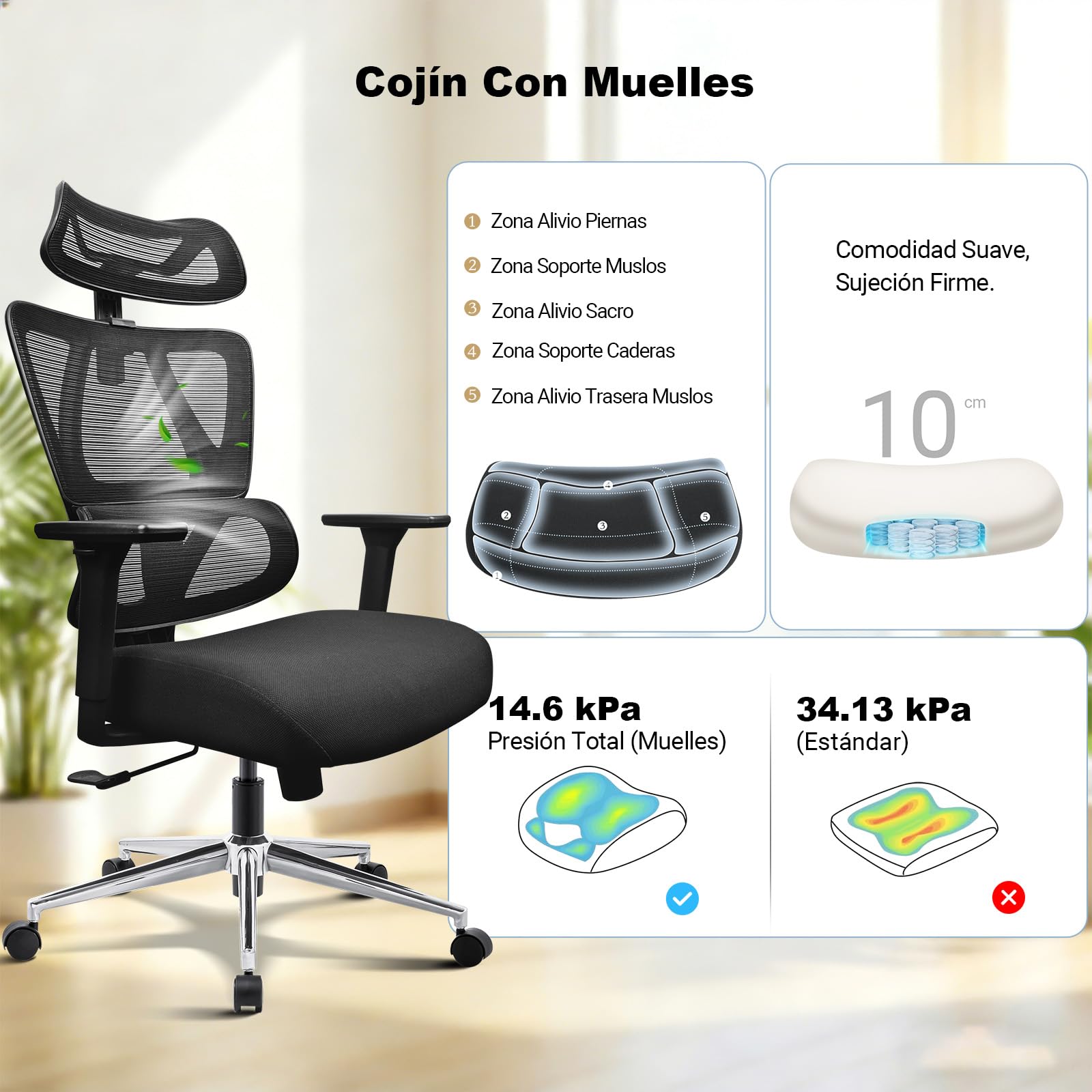 MELOKEA Silla de Oficina ergonómica 150kg con Soporte Lumbar Ajustable | Silla de escritorio para teletrabajo con asiento de muelles, reposabrazos 3D y EN1335