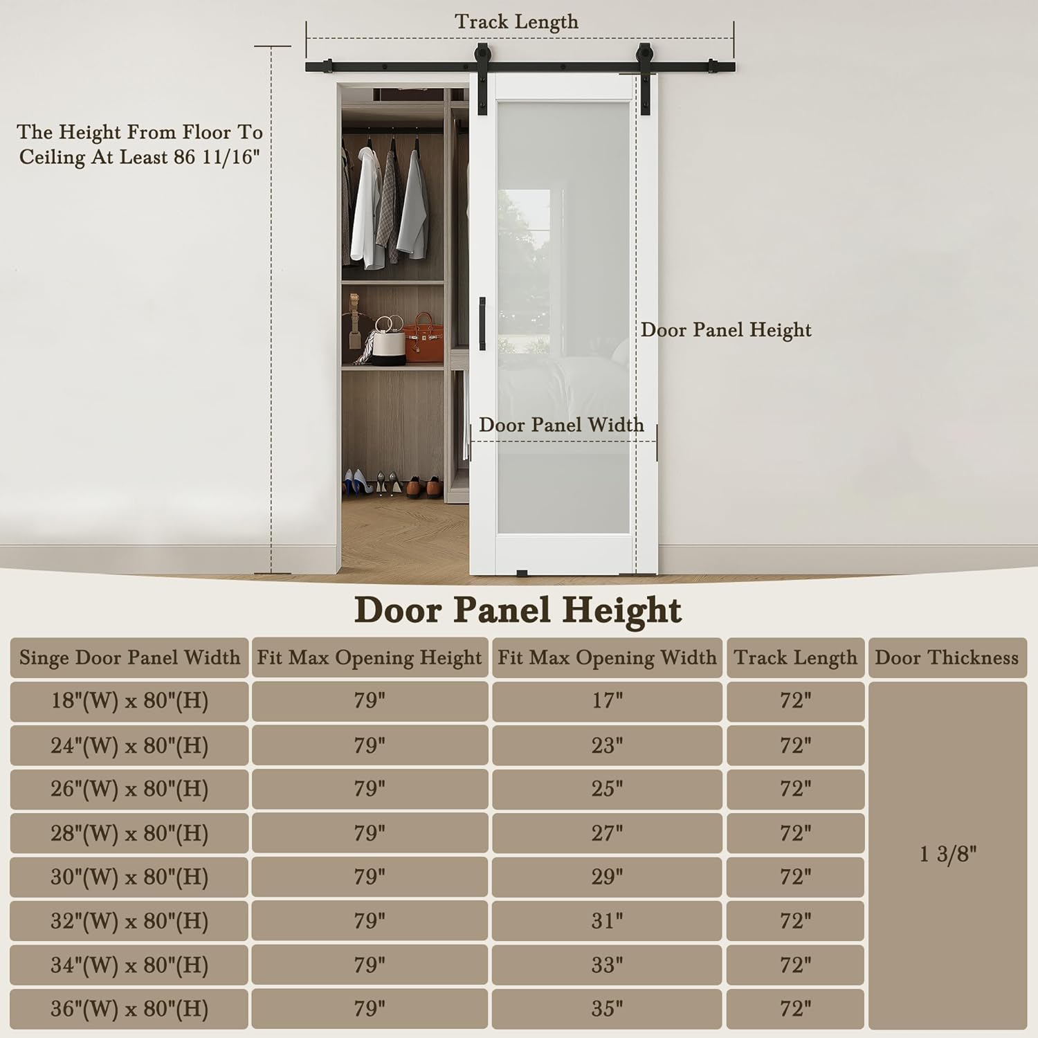 24" x 80" 1-Lite Tempered Frosted Glass Barn Door with 72" Track & Complete Black Hardware Kit, Pre-Assembled Sliding Barn Doors for Closet Kitchen Bedroom, Protect Privacy & Easy to Clean, Sturdy