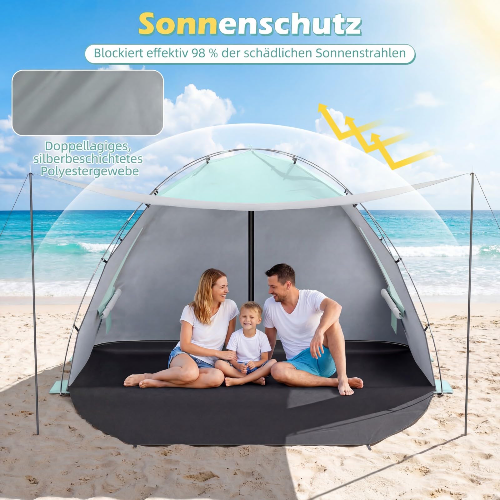 COSTWAY Strandmuschel mit Vordach, Strandzelt UV-Schutz 50+ mit Reißverschlusstüren & Netzfenstern, Zelt für 5-6 Personen inkl. Tragetasche & Heringe (260 x 150 x 160 cm,Grün)
