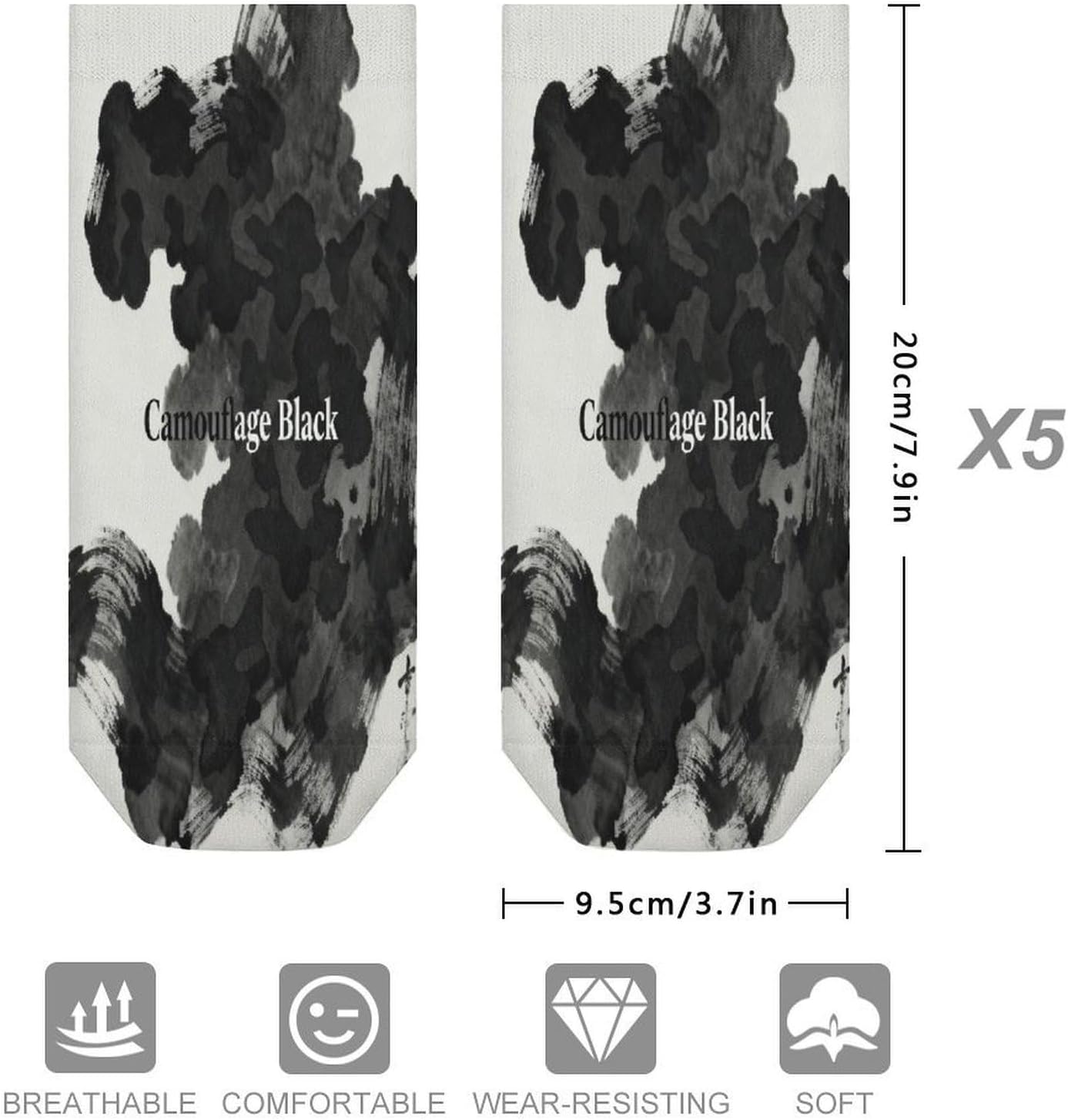 Camouflage Black Crew Sock for Men Women Funny Novelty Socks Athletic Ankle Socks Comfort Soft Low Cut Tab Sock 5 Pairs