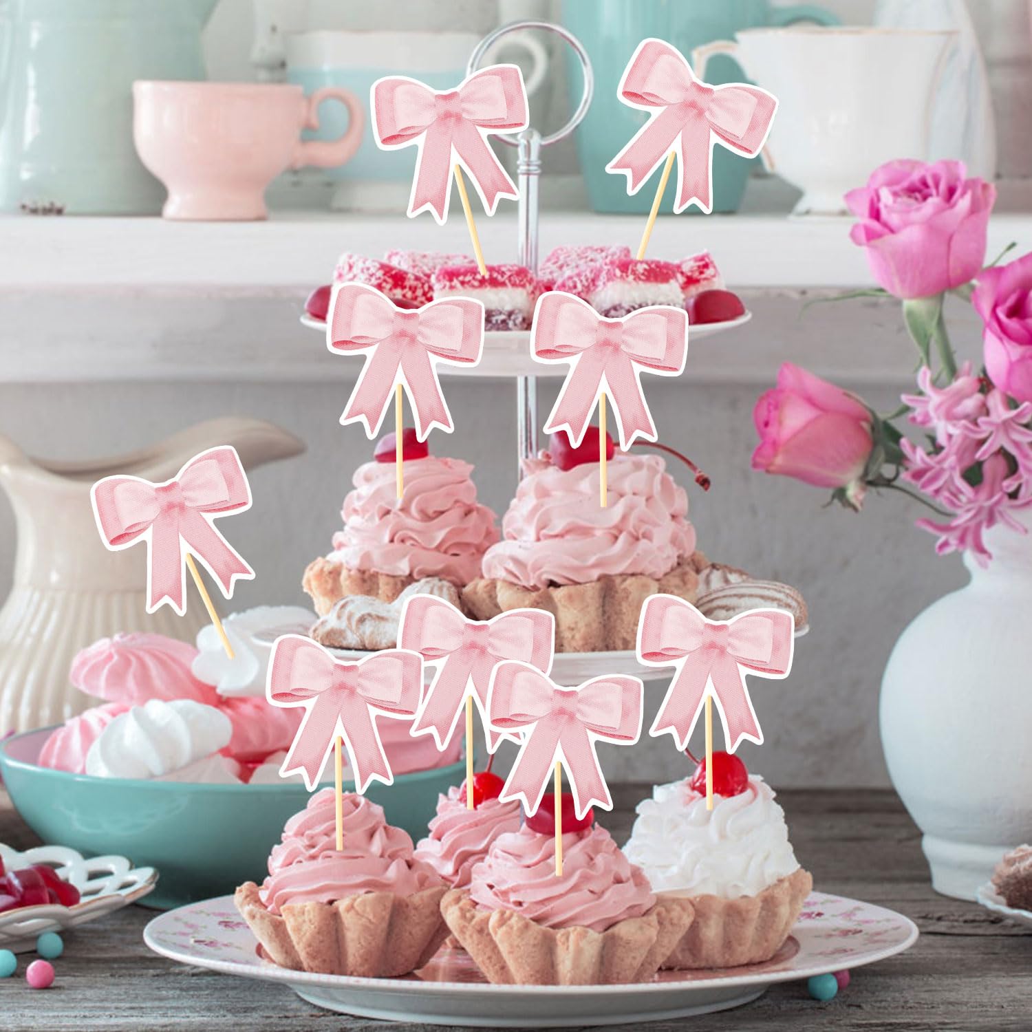 Fangleland Lot de 36 décorations de cupcake avec nœud rose - Pour fille - Nœud papillon - Table de dessert - Décoration de gâteau - Pics de décoration de gâteau pour bébé