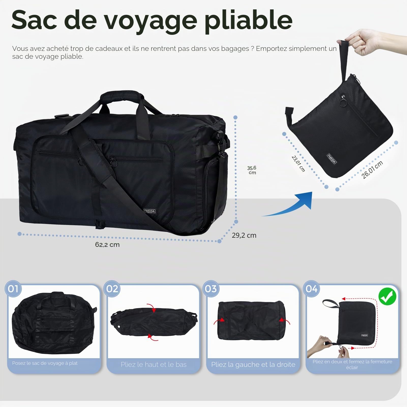 Fmeida Sac de Voyage Pliable 65L – Grand Sacs de Sport Imperméable avec Compartiment à Chaussures pour Homme et Femme, Sac Weekend Léger avec Bandoulière, Idéal pour Gym, Camping, Randonnée, Maternité
