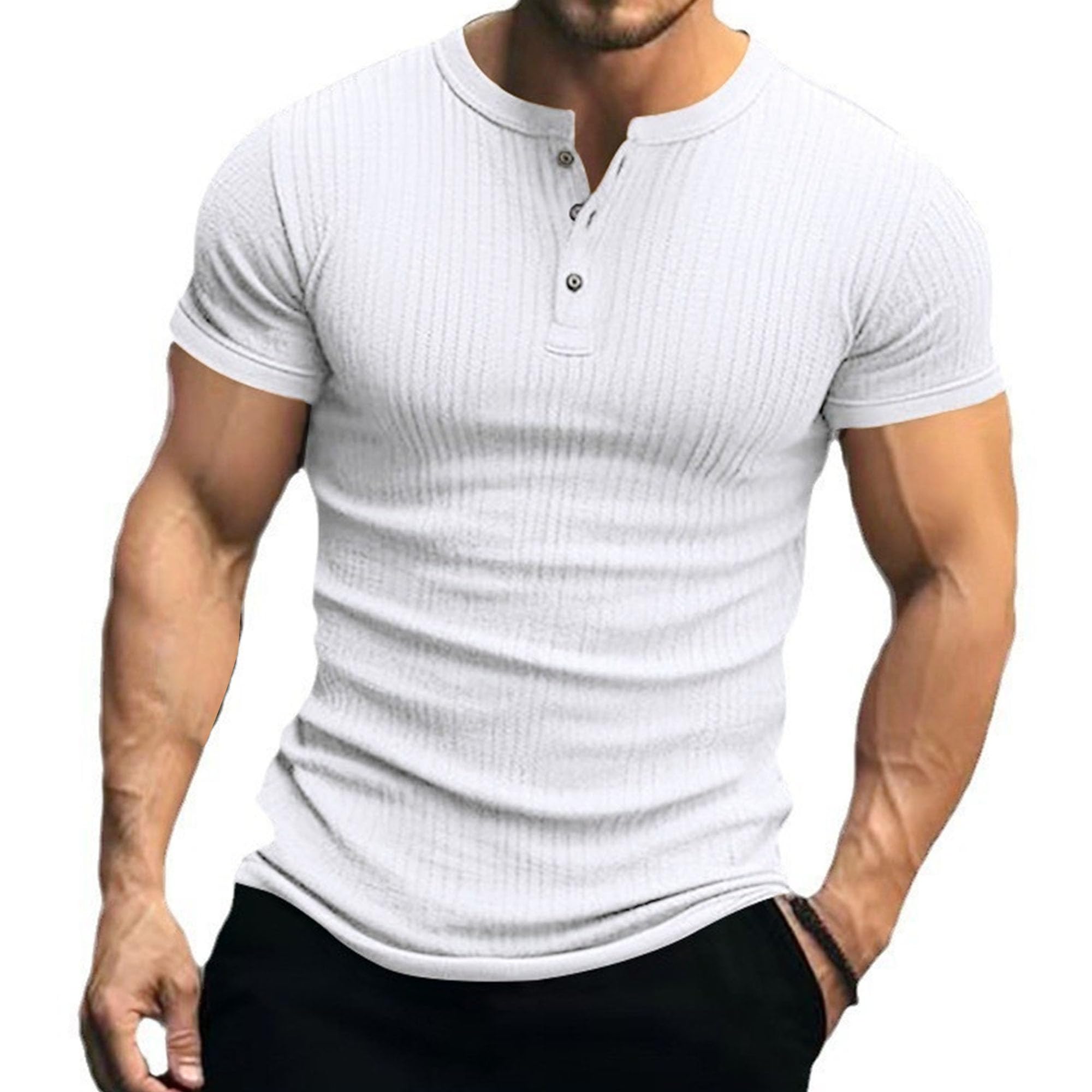 Men Casual Pit Henry Neck Shirts Quarter Button Short Sleeve Sports T-Shirt Summer Classic Striped Street Pullovers (White,XX-Large)