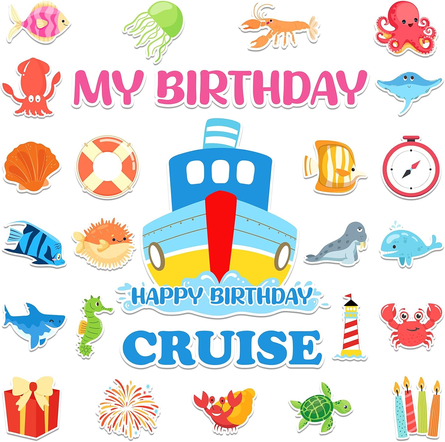 26 Pieces Cruise Door Magnets Happy Birthday Cabin Decorations Sea Animal Magnetic Refrigerator Decals Ocean Nautical Theme Party Supplies for Kids Family Vacation Room Identification Car Fridge