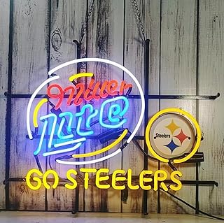 Handmade Real Glass Neon Tube Beer Compatible for Miller Lite Go Steeler Neon Signs For Home Bar Man Cave Pub Store Restaurant Wall Decor Artwork Wedding Decor Neon Birthday Party Gifts 24 X 20 Inches