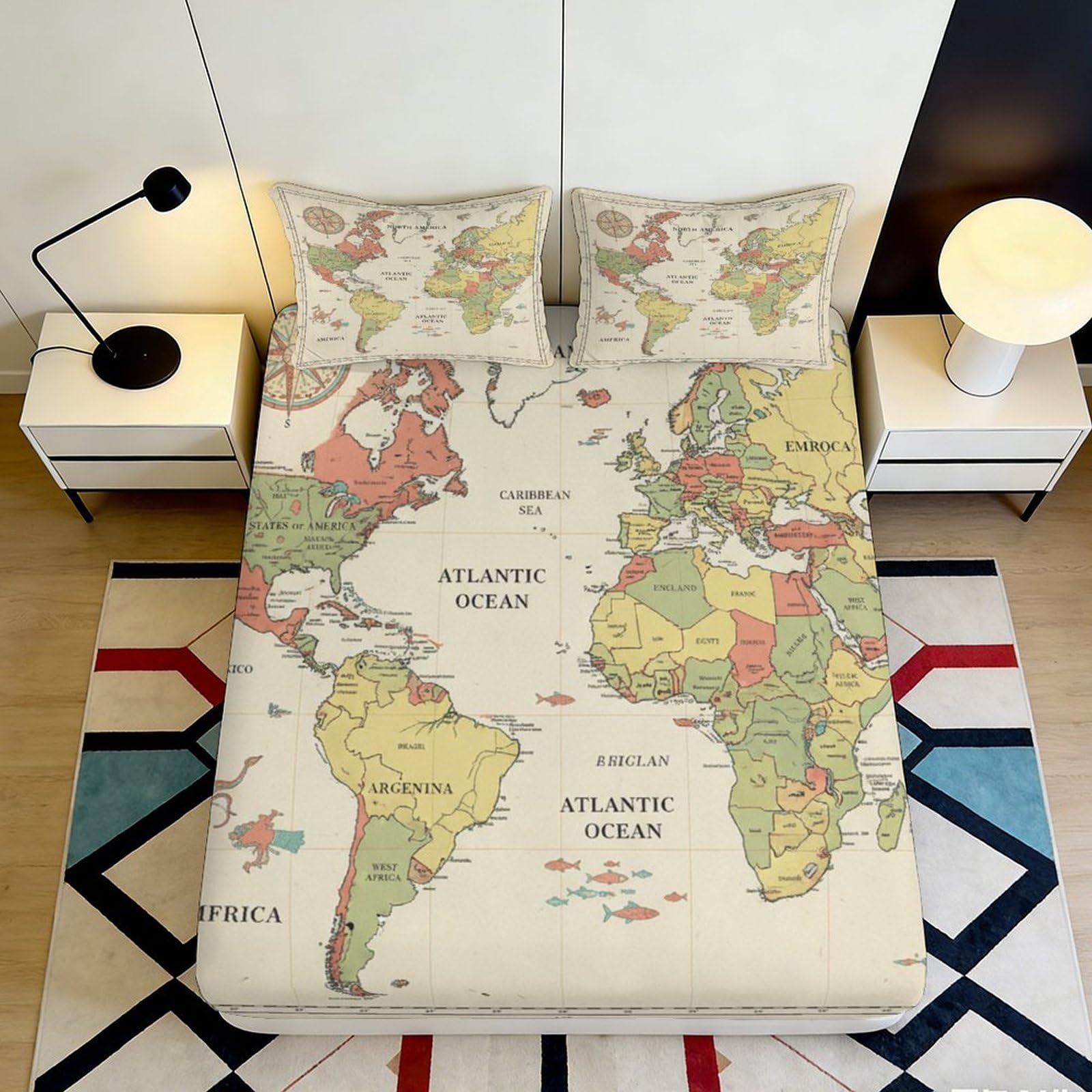 Pnayamiorkfel Style-6 3D Printed Vintage World Map Fitted Sheet Microfiber Soft Breathable Retro Globe Bed Cover For Bedroom Dorm Decor 90X200x25cm