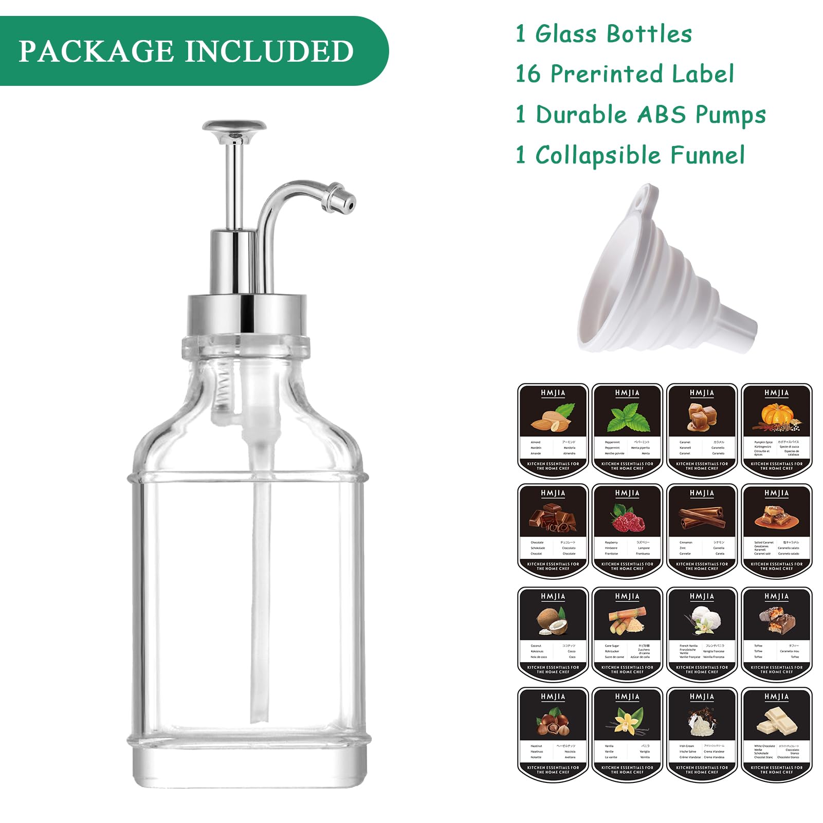 Dispenser per Sciroppo di Caffè Caraffa per Sciroppo in Vetro da 500ML con Etichette e Pompa Sispenser per Vaniglia e Caramello per Bar e Accessori da Cucina (1 pezzo - Argento Quadrato, 500ML)