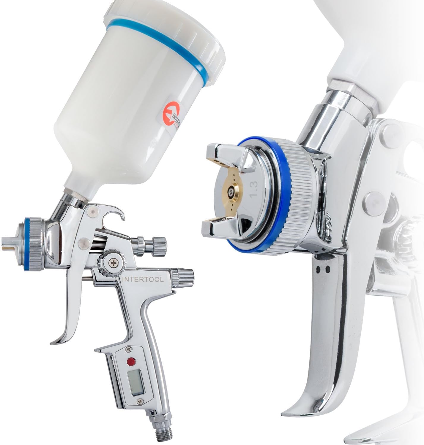 INTERTOOL HVLP Professional Gravity Feed Air Spray Gun 1.3 mm Nozzle Size Digital Pressure-Gauge 600 cc Plastic Cup PT-0105D