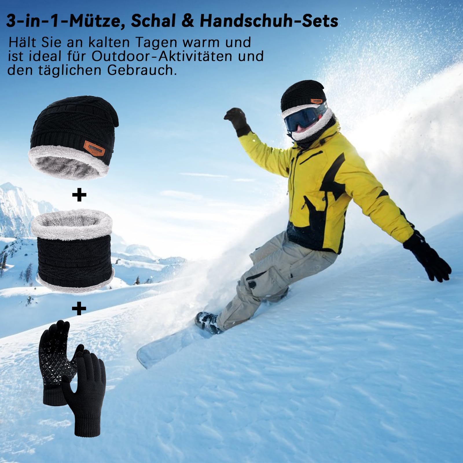 Winter Warm Mütze, Schal & Handschuh-Sets für Damen Herren, Winter Beanie Mütze, Touchscreen Handschuhe, Winter Warm Loop Schal mit Fleece Gefütterte, Geschenk Damen Herren Weihnachten (Schwarz)