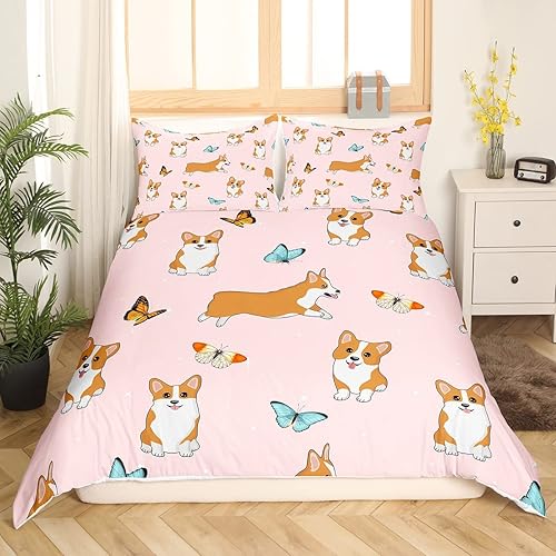 Miniatura 2 de Erosebridal Juego de ropa de cama de perro para niños, funda de edredón de Corgi lindo, juegos de cama multicolor con mariposas Kawaii, funda de