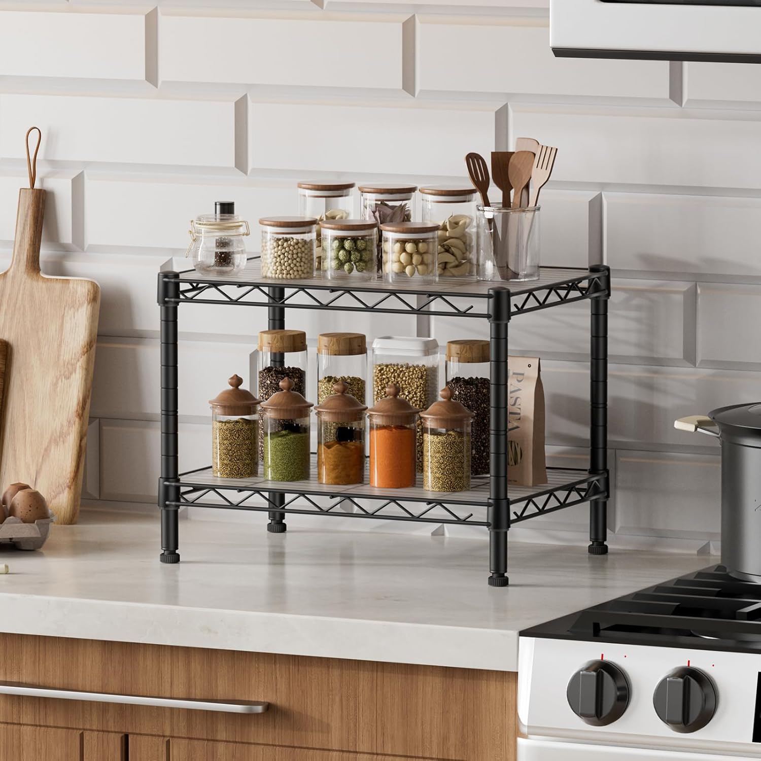 SINGAYE 2 Small Shelves Kitchen Storage Shelf Wire Shelving Unit Metal Shelf Adjustable Organizers Storage Shelving for Office Pantry Black 12" D X 18" W X 12" H - Image 2