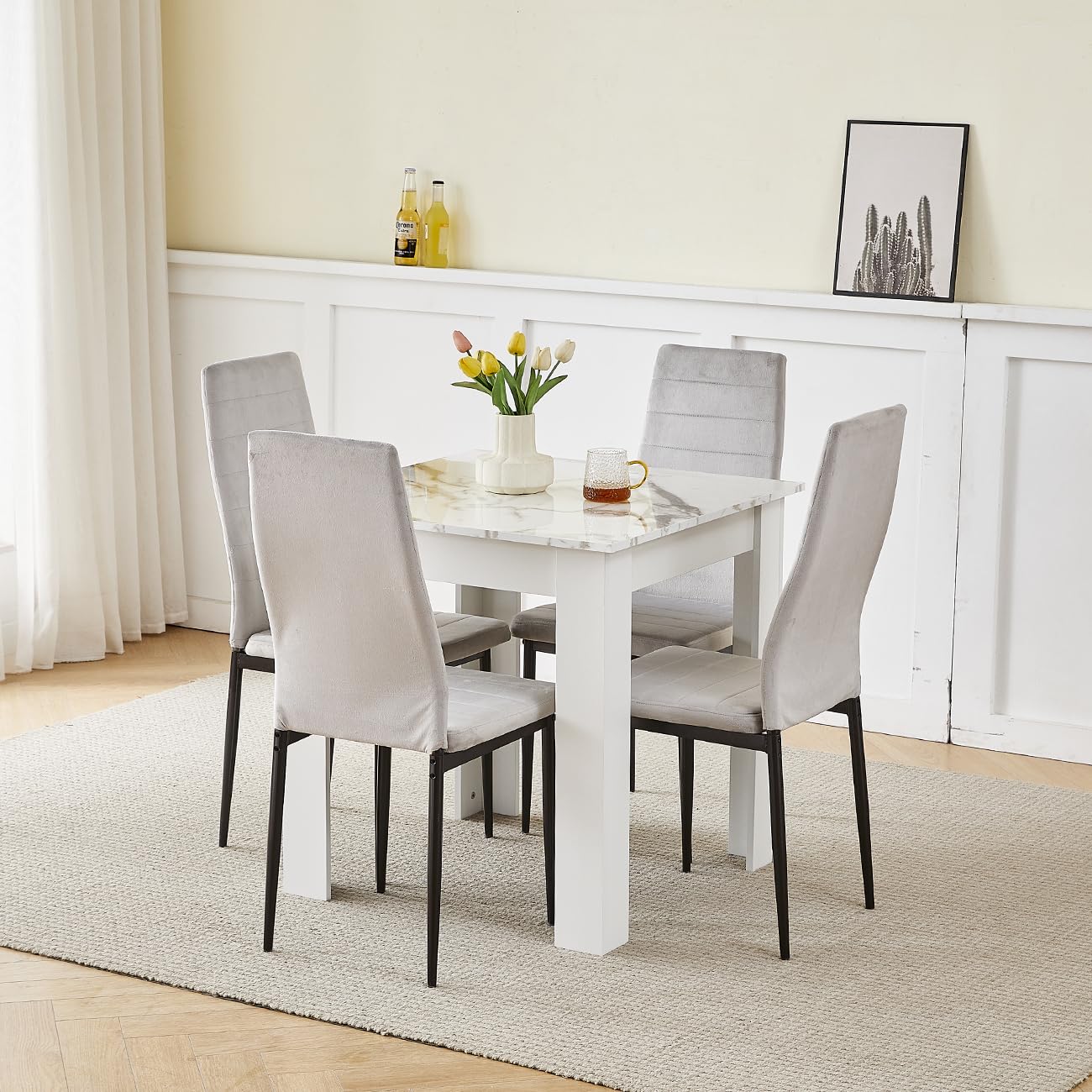 NICEME Compact Dining Table and 4 Chairs, Small Dining Room Set for 4 Seater Kitchen Table with Chairs for Small Space Saving, Glossing Tabletop 75x75 cm (Marble-White Table, 4 Seats, Velvet Gray #1) โ image 1