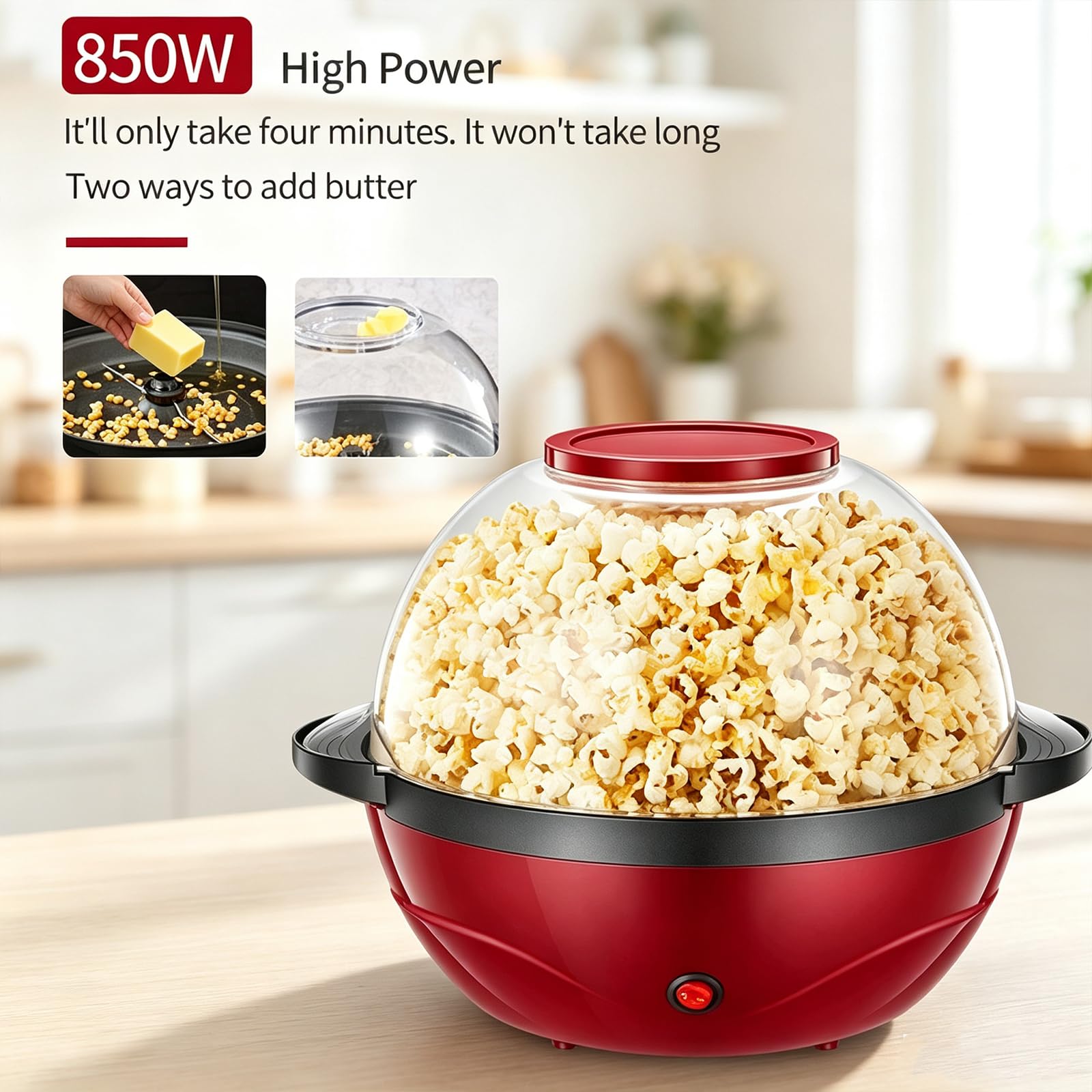Elektryczny wyrzutnik popcornu 850W, sterowanie jednym przyciskiem | Maszyna do popcornu o dużej pojemności 3,6L z wbudowaną mieszadłem, nieprzywierającą patelnią