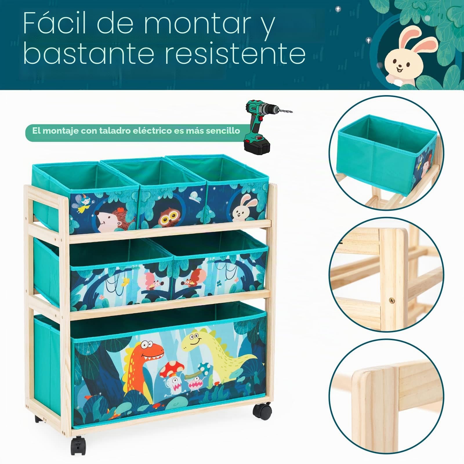 HOMCENT Organizador de juguetes con ruedas y 6 contenedores de almacenamiento de gran capacidad para guardar juguetes en la habitación de niños, tema de dinosaurios