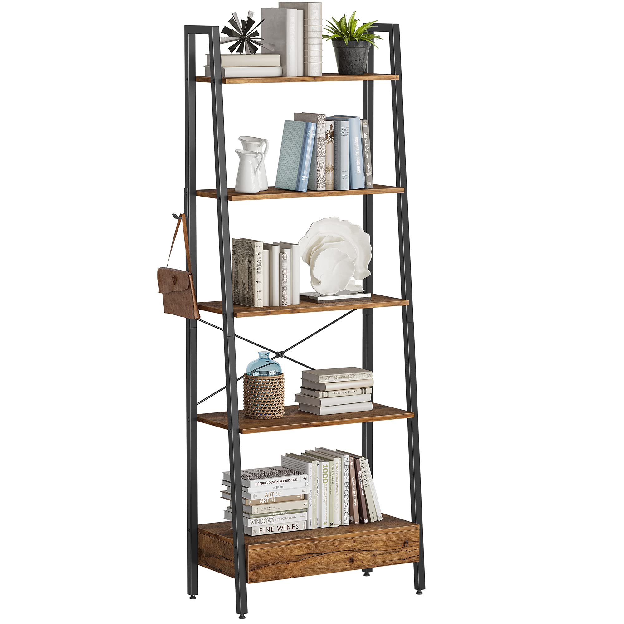 Buy CubiCubi Ladder Shelf with Drawer, 5Tier Bookshelf, Accent Ladder
