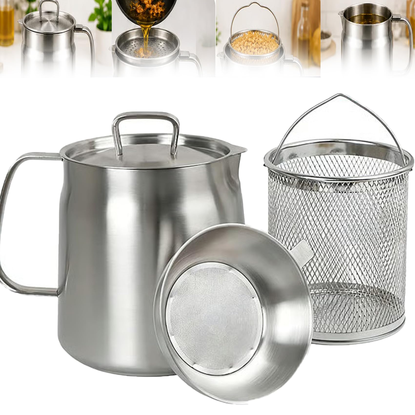 Olla coladora de aceite de acero inoxidable 304 2 en 1 con cesta para freír, recipiente multifuncional de grasa de cocina para una fácil cocción y almacenamiento (2.0L/70 onzas)