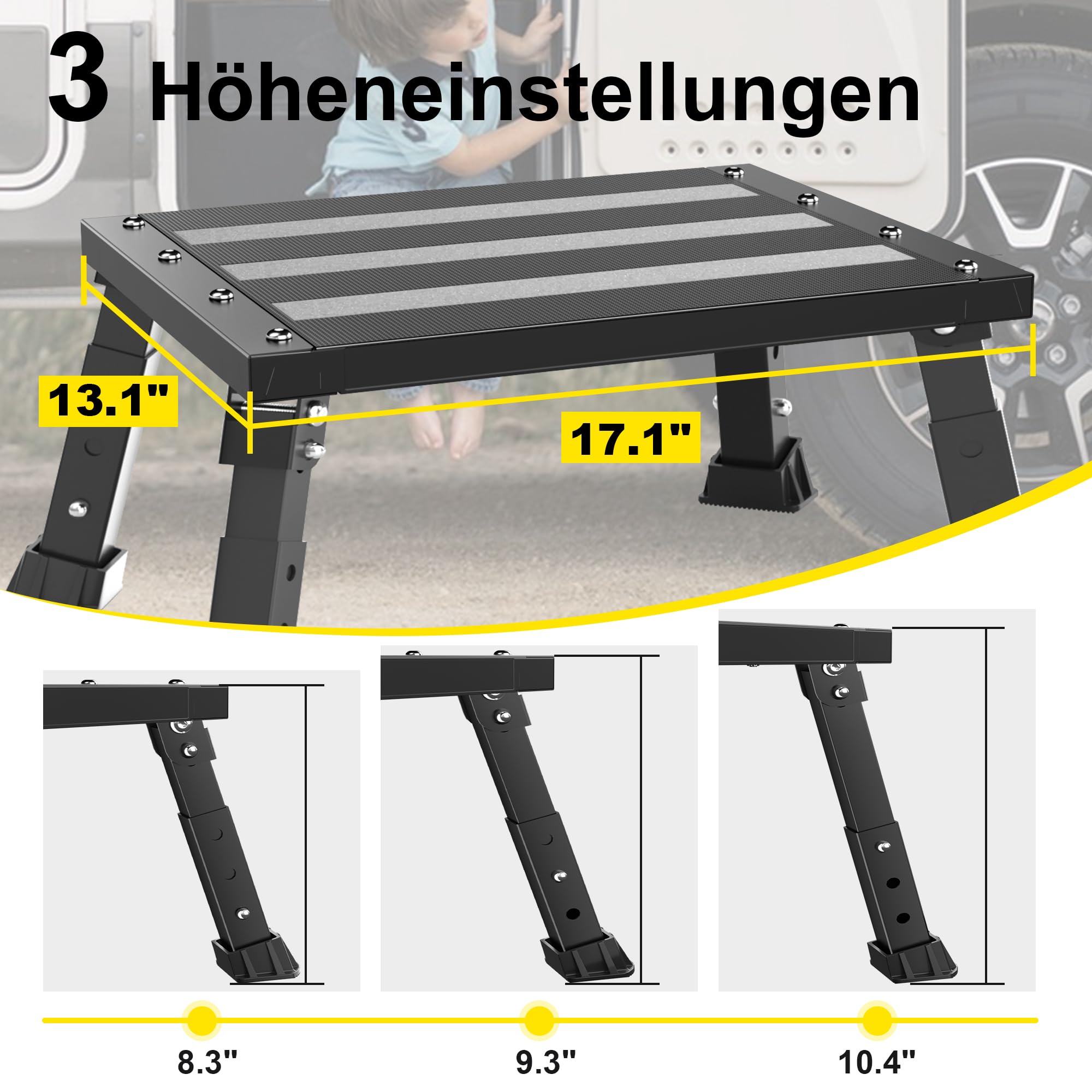 Aluminium Klapptritt Wohnmobil Tritthocker 1 Stufe Max Belastung 220 kg für Camping/Autowäsche, Höhenverstellbare Caravan Tritthocker (Graphitschwarz)