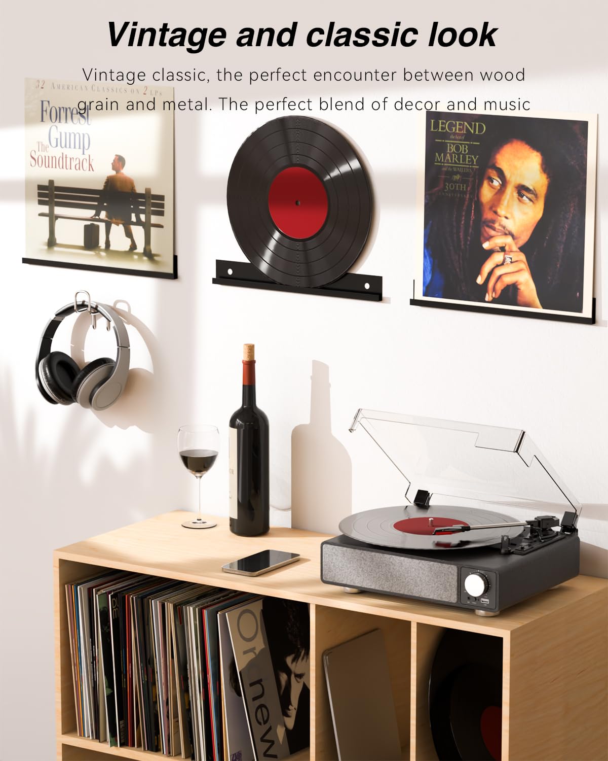Giradischi in vinile con altoparlanti, giradischi MONODEAL a 3 velocità per dischi in vinile con trasmettitore Bluetooth, arresto automatico, uscita RCA, USB/jack per cuffie, design vintage in legno